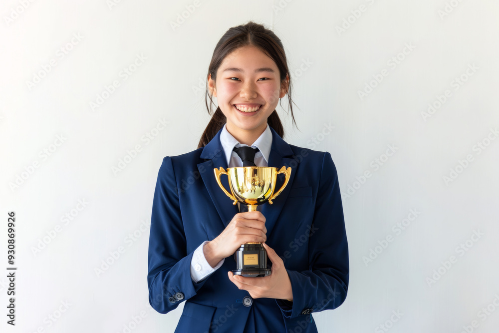 Adorned in stylish blue business attire, a jubilant Japanese girl beams with joy as she proudly holds a gold trophy against a white background. Adorned in stylish blue business attire, a jubilant Japanese girl beams with joy as she proudly holds a gold trophy against a white background.
