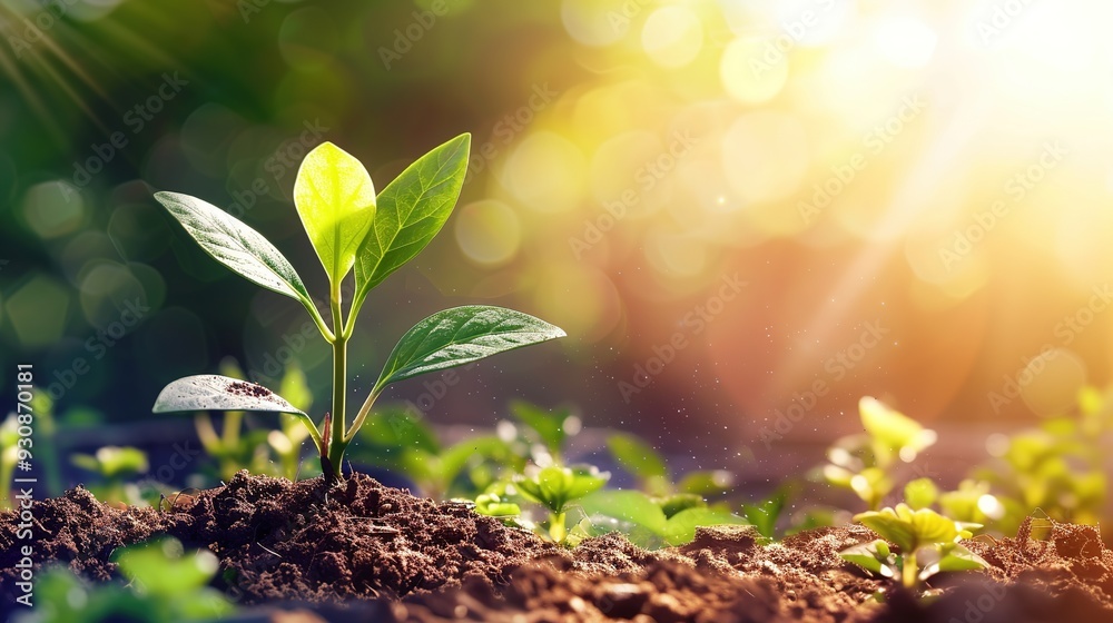 A young plant emerging from the soil, symbolizing growth and renewal in a vibrant, sunlit environment. A young plant emerging from the soil, symbolizing growth and renewal in a vibrant, sunlit environment.
