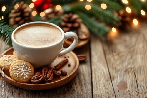 Cup of coffee with christmas cookies on wooden table and bokeh background with copy space with generative ai