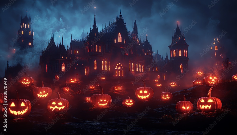 A spooky Halloween scene featuring glowing jack-o'-lanterns with a haunted castle in the background under a moonlit sky.