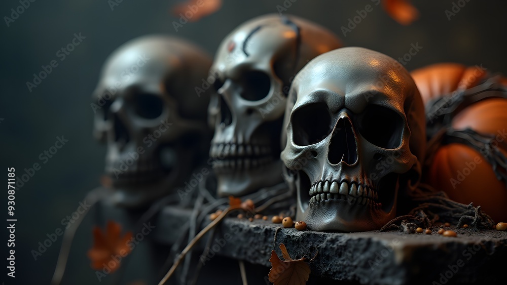 A row of skulls on a stone surface with autumn leaves, vines, and pumpkins in a dark, eerie atmosphere