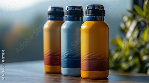 A crisp, high-resolution mockup of two sport water bottles, each with a distinct color scheme and design. The bottles are arranged side by side
