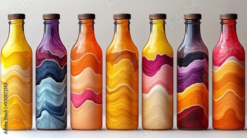 A mockup of liquid bottles with labels that feature abstract, artistic designs. The labels wrap around the bottles seamlessly,
