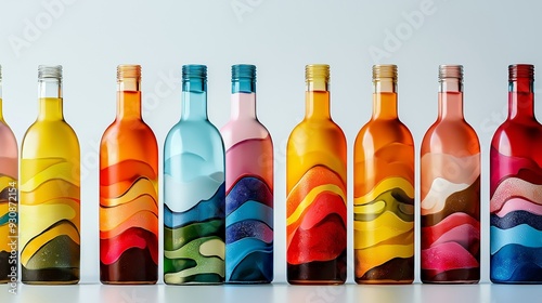 A mockup of liquid bottles with labels that feature abstract, artistic designs. The labels wrap around the bottles seamlessly