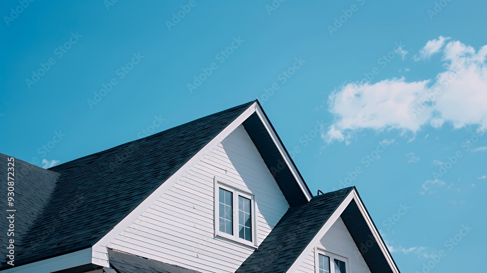 A close-up view of a house roof against a clear blue sky with a few clouds. A close-up view of a house roof against a clear blue sky with a few clouds.