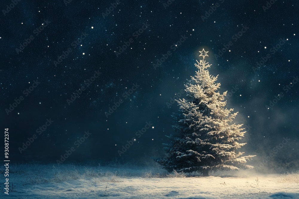 Fototapeta premium Digital composite of Christmas tree with snow and stars in the night sky. Christmas background with christmas tree, snow and stars. with generative ai
