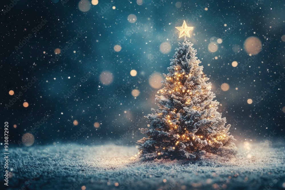 Digital composite of Christmas tree with snow and stars in the night sky. Christmas background with christmas tree, snow and stars. with generative ai