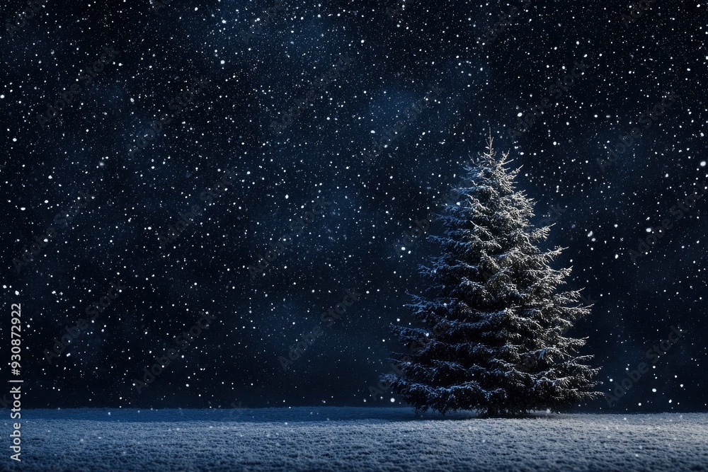 Obraz premium Digital composite of Christmas tree with snow and stars in the night sky. Christmas background with christmas tree, snow and stars. with generative ai