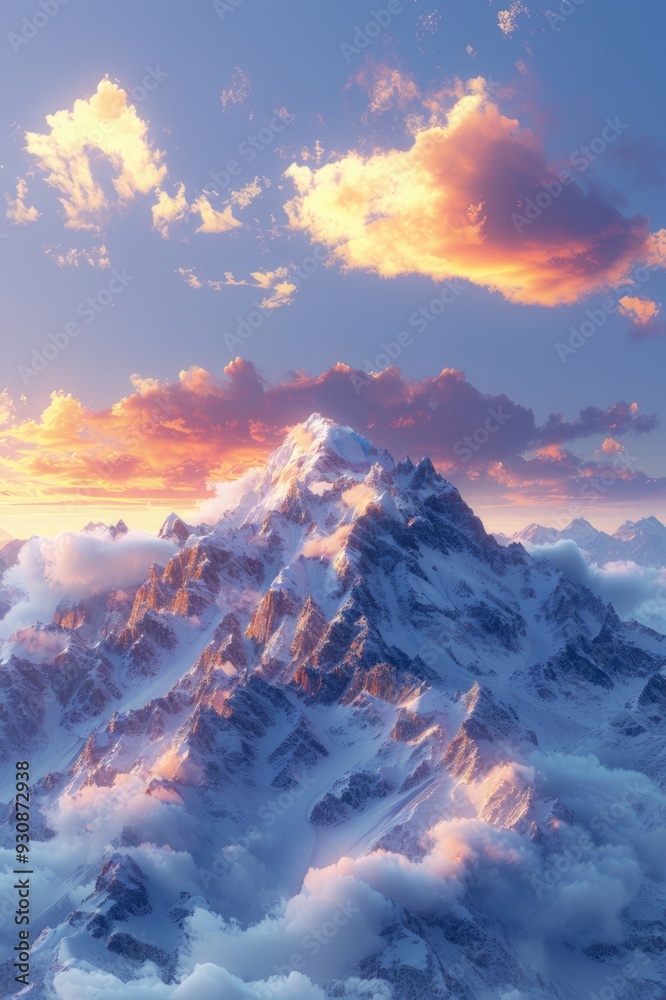 A mountain range covered in snow with a beautiful orange sky in the background A mountain range covered in snow with a beautiful orange sky in the background