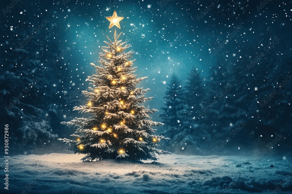 Digital composite of Christmas tree with snow and stars in the night sky. Christmas background with christmas tree, snow and stars. with generative ai Digital composite of Christmas tree with snow and stars in the night sky. Christmas background with christmas tree, snow and stars. with generative ai
