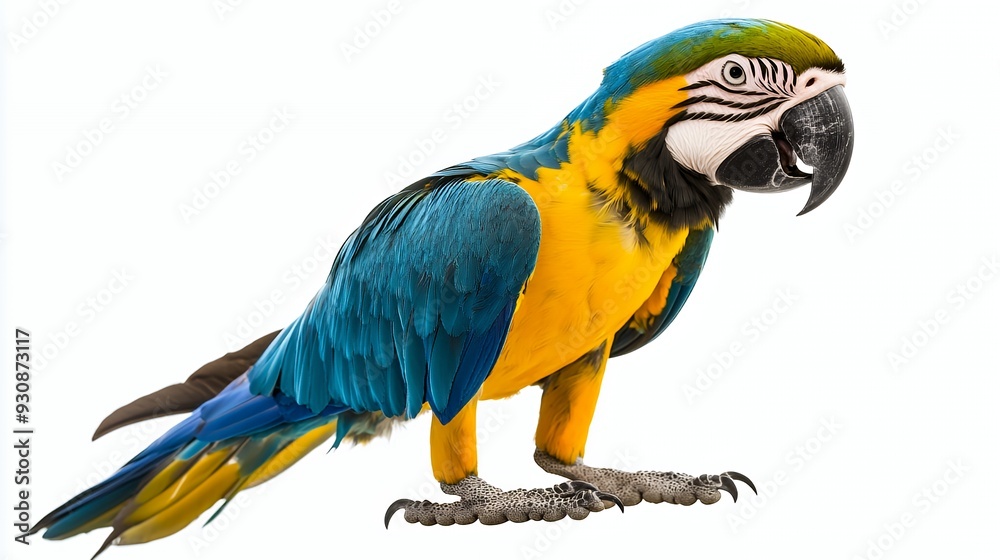 Fototapeta premium A vibrant blue and yellow parrot standing on a branch.