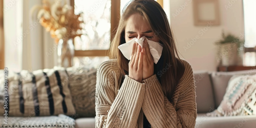 woman with flu blowing her nose, sitting on a sofa