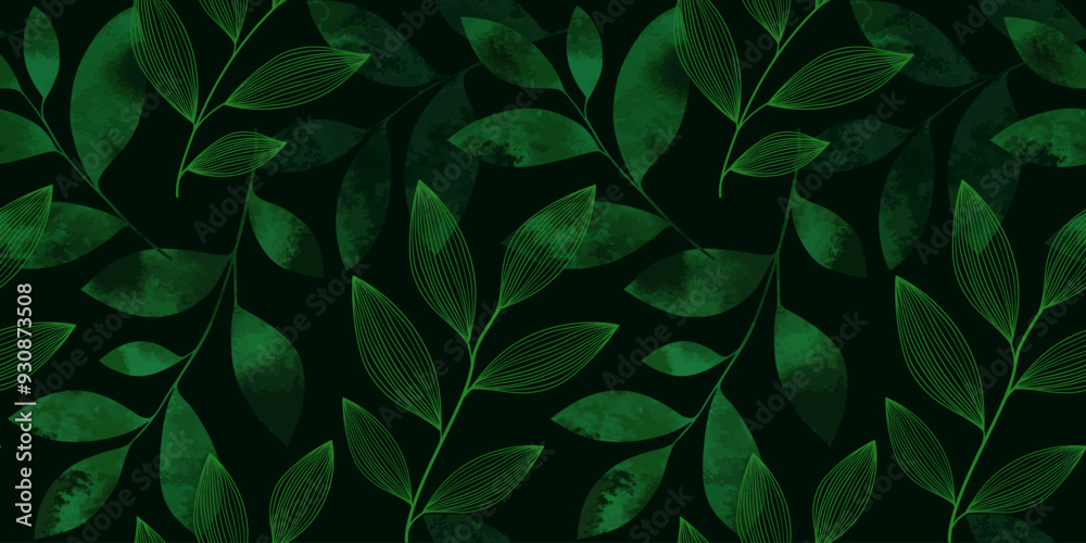 Green line art abstract background with linear and watercolor leaves. luxury vintage seamless pattern. Elegant floral design. Can be used for wrapping, textile, print, banner, brochure, label Green line art abstract background with linear and watercolor leaves. luxury vintage seamless pattern. Elegant floral design. Can be used for wrapping, textile, print, banner, brochure, label