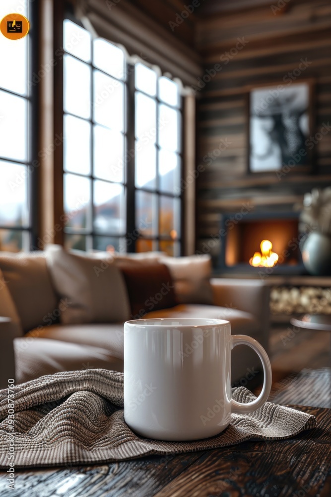 A white coffee mug sits on a table next to a fireplace A white coffee mug sits on a table next to a fireplace