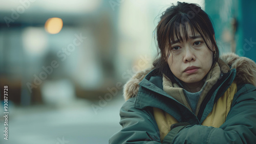 Asian female homeless person, copy space, looking at the subject with a serious or sad expression