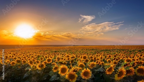 picturesque sunset over the field of sunflowers sunflower harvest at sunset near the sea of azov in ukraine endless sunflower fields to the horizon photo