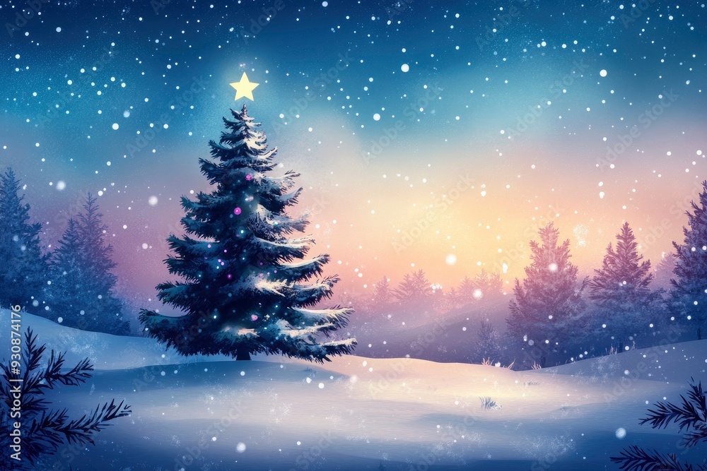 Fantastic winter landscape with christmas tree. Christmas background with christmas tree, snow and star. Beautiful christmas night with generative ai Fantastic winter landscape with christmas tree. Christmas background with christmas tree, snow and star. Beautiful christmas night with generative ai