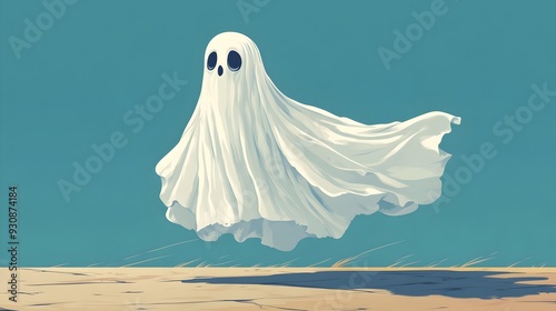 Ethereal Floating Ghost with Billowing Sheet in Minimalist White