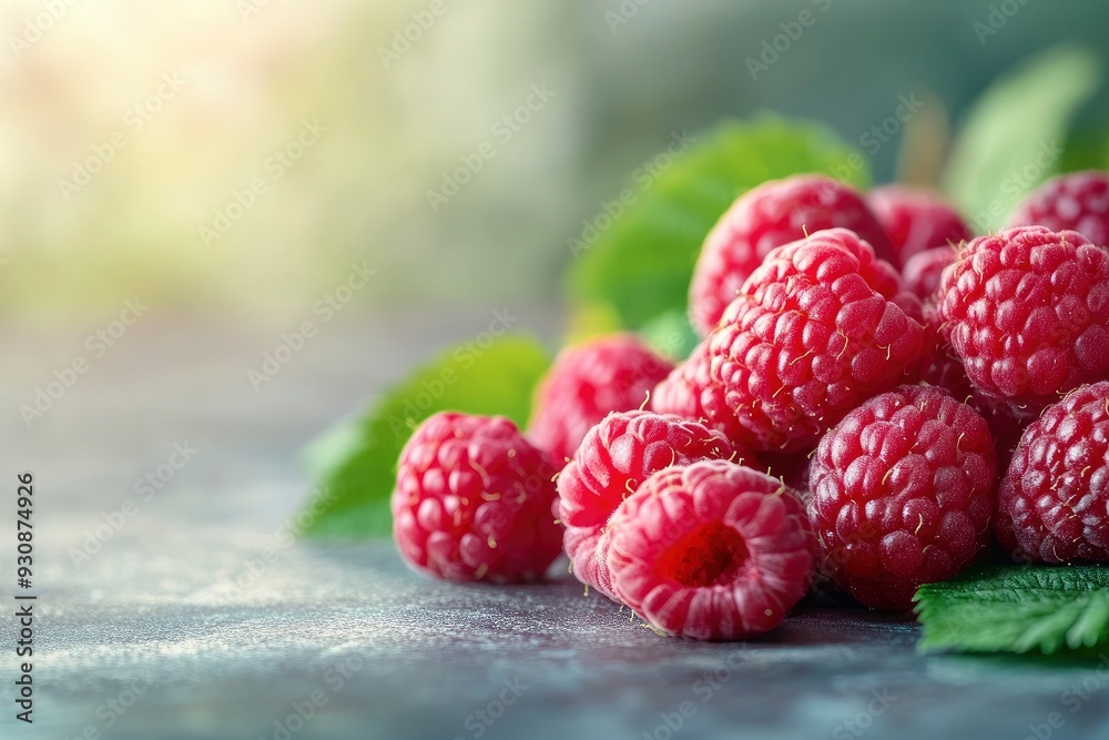 Fresh raspberries on a green background. Ripe raspberries background. Close up of fresh raspberries background. Healthy food concept with generative ai Fresh raspberries on a green background. Ripe raspberries background. Close up of fresh raspberries background. Healthy food concept with generative ai