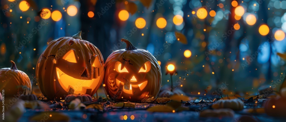 Brightly lit jack-o'-lanterns in a forest during autumn evening Brightly lit jack-o'-lanterns in a forest during autumn evening