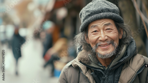 Asian male homeless person, copy space, smiling