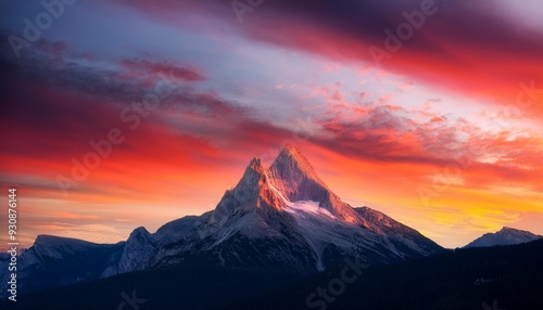 a single mountain peak stands tall against a colorful sky filled with clouds during sunset