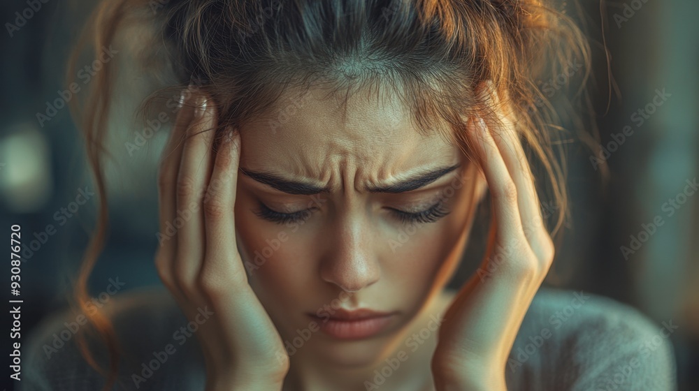 woman with headache, distressed, sad, worried woman with headache, distressed, sad, worried