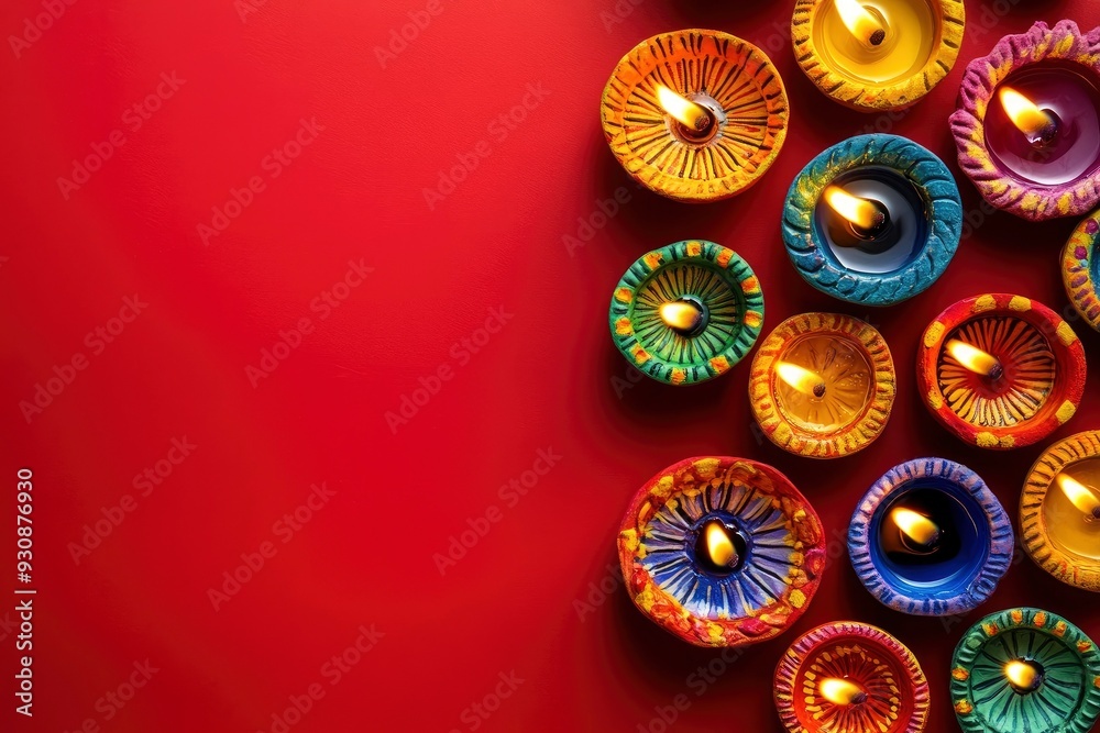 Happy Diwali - Clay Diya lamps lit during Diwali, Hindu festival of lights celebration. Colorful traditional oil lamp diya on red background with generative ai Happy Diwali - Clay Diya lamps lit during Diwali, Hindu festival of lights celebration. Colorful traditional oil lamp diya on red background with generative ai