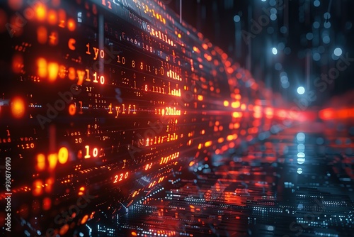 Wallpaper Mural Digital Abstract Art with glowing numbers and lights in red and blue hues. Torontodigital.ca