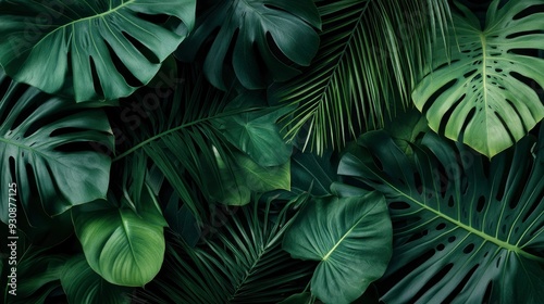 Group background of dark green tropical leaves ( monstera, palm, coconut leaf, fern, palm leaf,bananaleaf) Panorama background. concept of nature , ai