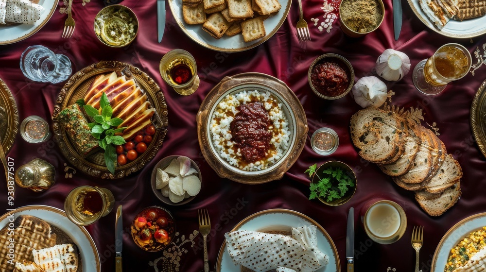 Traditional Passover Seder with Symbolic Foods and Ceremonial Rituals Against a Deep Maroon and Gold Backdrop Traditional Passover Seder with Symbolic Foods and Ceremonial Rituals Against a Deep Maroon and Gold Backdrop