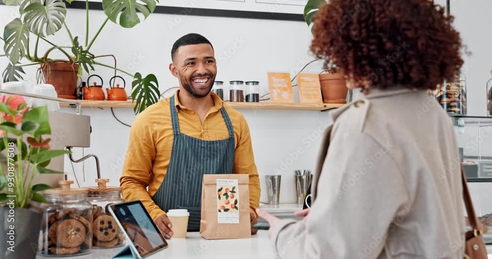 Phone, customer and qr code scan in cafe for machine and financial transaction with banking account. Tablet, woman and waiter at pos in store with fintech for sale, food and barcode as payment