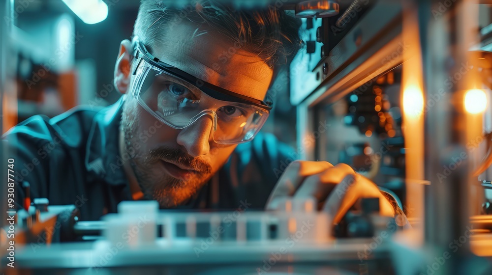 A determined engineer wearing safety goggles, operating a CNC machine with precision, a 3D printed model in hand A determined engineer wearing safety goggles, operating a CNC machine with precision, a 3D printed model in hand