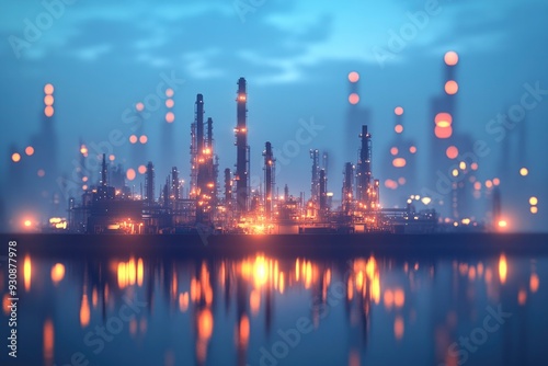 Refinery plant at twilight with reflection in water, 3d render. Oil refinery plant for crude oil industry in evening twilight, with generative ai