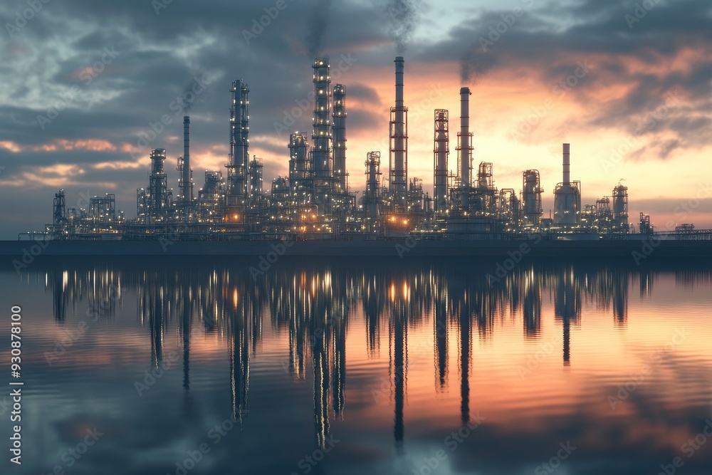 Refinery plant at twilight with reflection in water, 3d render. Oil refinery plant for crude oil industry in evening twilight, with generative ai Refinery plant at twilight with reflection in water, 3d render. Oil refinery plant for crude oil industry in evening twilight, with generative ai