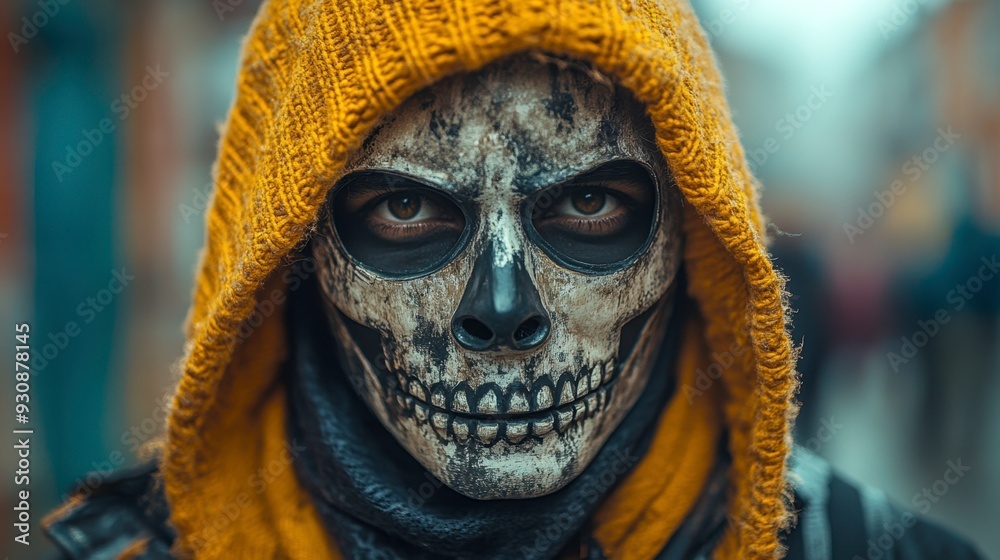 man in skull costume wearing yellow hood man in skull costume wearing yellow hood