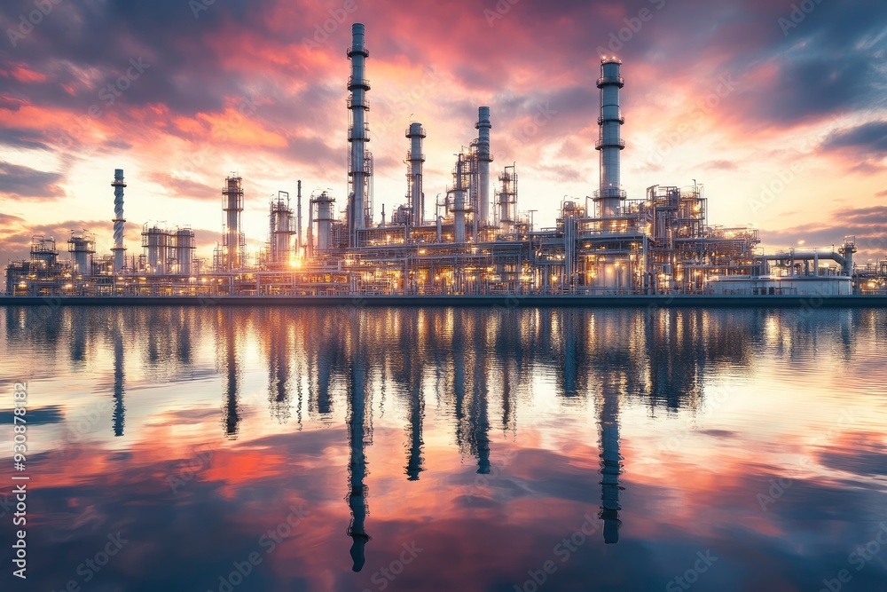 Refinery plant at twilight with reflection in water, 3d render. Oil refinery plant for crude oil industry in evening twilight, with generative ai Refinery plant at twilight with reflection in water, 3d render. Oil refinery plant for crude oil industry in evening twilight, with generative ai