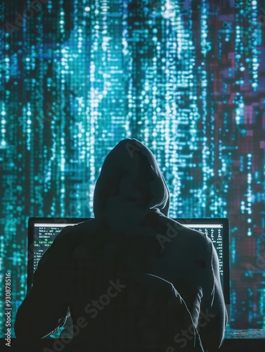 A figure in a hoodie focuses on a computer as green code streams across a large screen, casting an ambient glow in the dark workspace. Generative AI