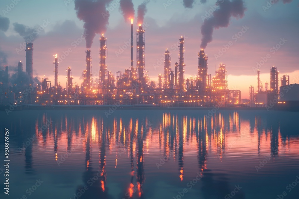Refinery plant at twilight with reflection in water, 3d render. Oil refinery plant for crude oil industry in evening twilight, with generative ai Refinery plant at twilight with reflection in water, 3d render. Oil refinery plant for crude oil industry in evening twilight, with generative ai