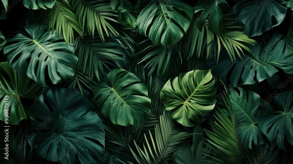 Group background of dark green tropical leaves ( monstera, palm, coconut leaf, fern, palm leaf,bananaleaf) Panorama background. concept of nature , ai