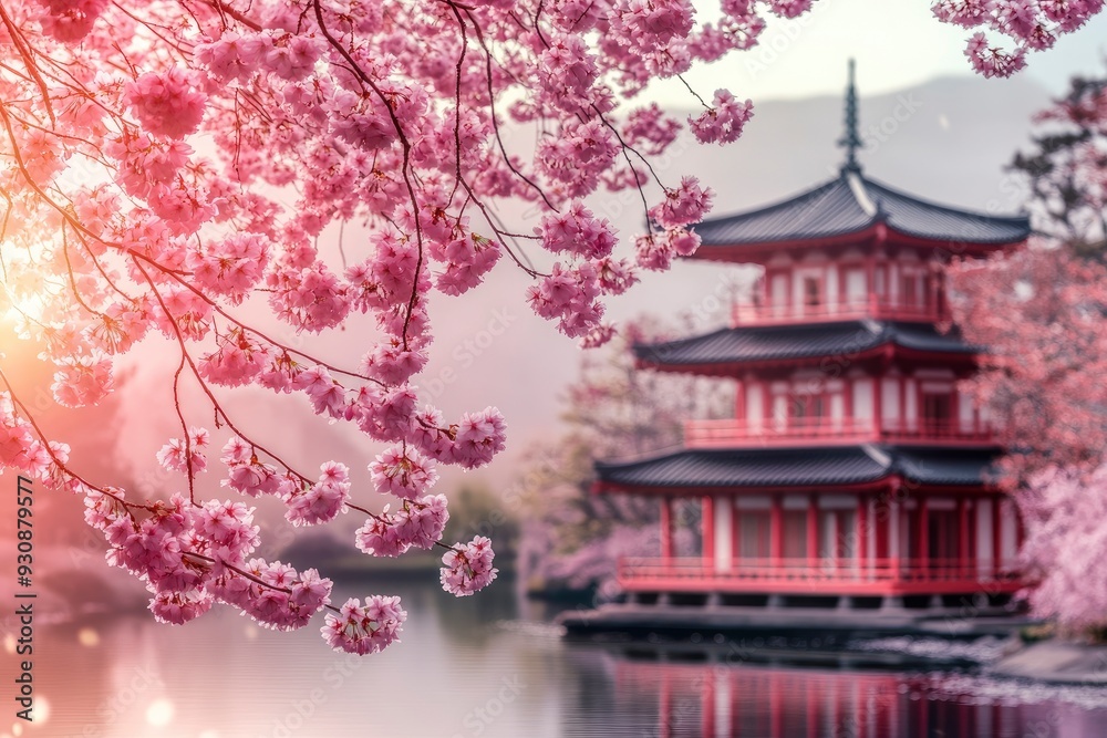 Sakura blossom in the garden with japanese style building background. Cherry blossoms in spring, Japan. Cherry blossoms in full bloom in the spring with generative ai Sakura blossom in the garden with japanese style building background. Cherry blossoms in spring, Japan. Cherry blossoms in full bloom in the spring with generative ai