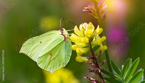 common brimstone butterfly gonepteryx rhamni resting on common sainfoin onobrychis viciifolia photo