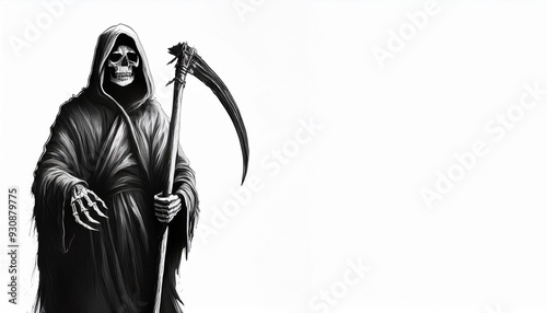 realistic drawing of death with scythe in black and white unreal rendering style detailed drawing illustration of death on white background