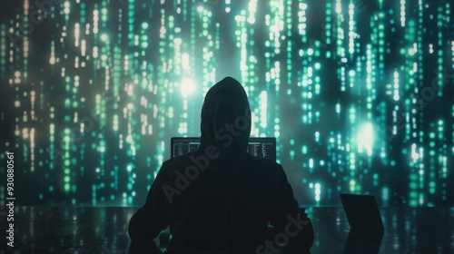 A silhouetted figure in a hoodie works intently on a computer, surrounded by vibrant, shimmering codes on a large screen. Generative AI