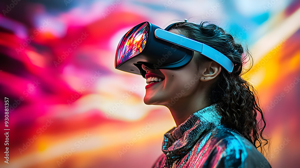 A woman wearing a VR headset smiles with a bright background. A woman wearing a VR headset smiles with a bright background.