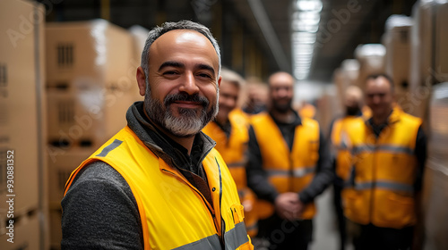 A warehouse worker in a yel...