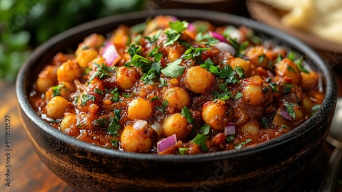 Close-up of Spicy Chickpea Curry with Herbs and Onions in a Bowl