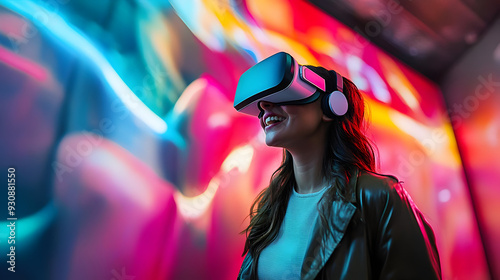 A young woman is using VR g...