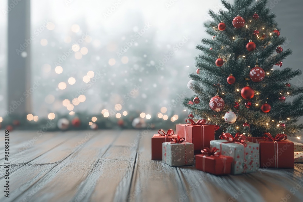 3D render Christmas background with gift boxes and christmas tree. Christmas tree with gift boxes on wooden table with generative ai 3D render Christmas background with gift boxes and christmas tree. Christmas tree with gift boxes on wooden table with generative ai