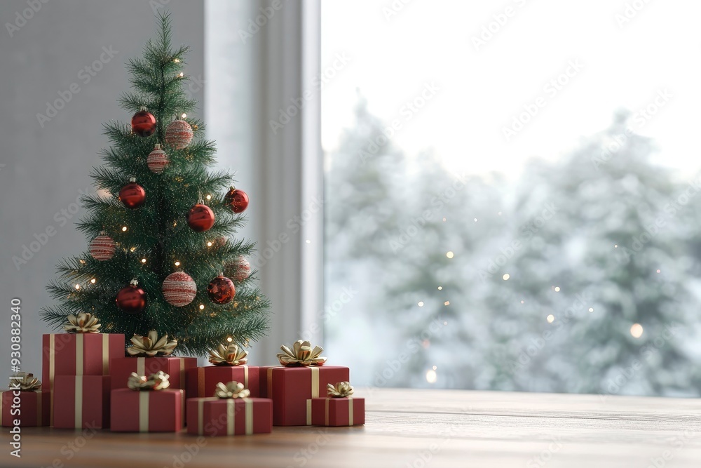 3D render Christmas background with gift boxes and christmas tree. Christmas tree with gift boxes on wooden table with generative ai 3D render Christmas background with gift boxes and christmas tree. Christmas tree with gift boxes on wooden table with generative ai